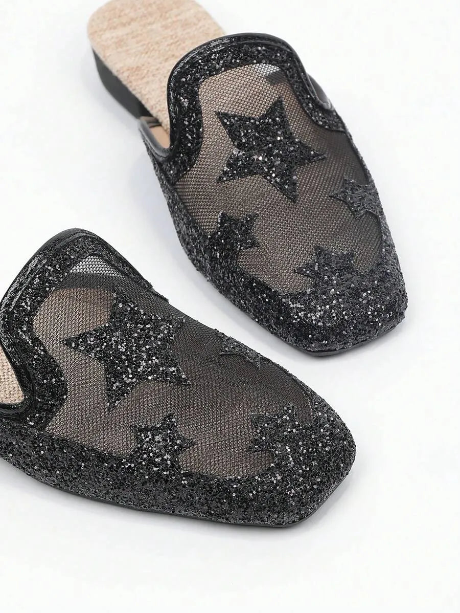 Star Accent Square Toe Slip-On Flats, Breathable Mesh Closed Toe Sandals for Women, Perfect with Dresses