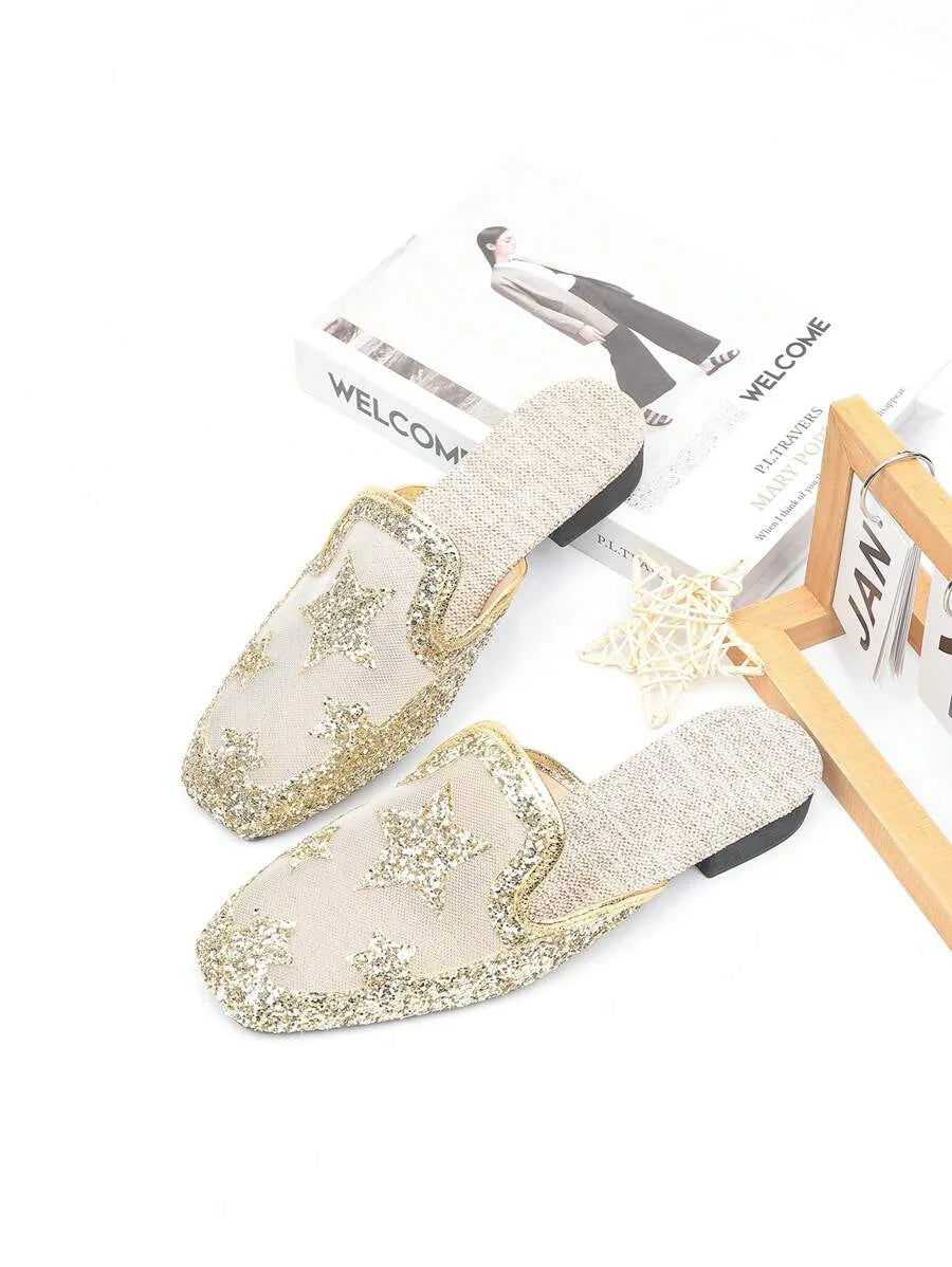 Star Accent Square Toe Slip-On Flats, Breathable Mesh Closed Toe Sandals for Women, Perfect with Dresses