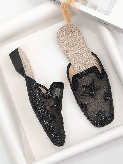 Star Accent Square Toe Slip-On Flats, Breathable Mesh Closed Toe Sandals for Women, Perfect with Dresses