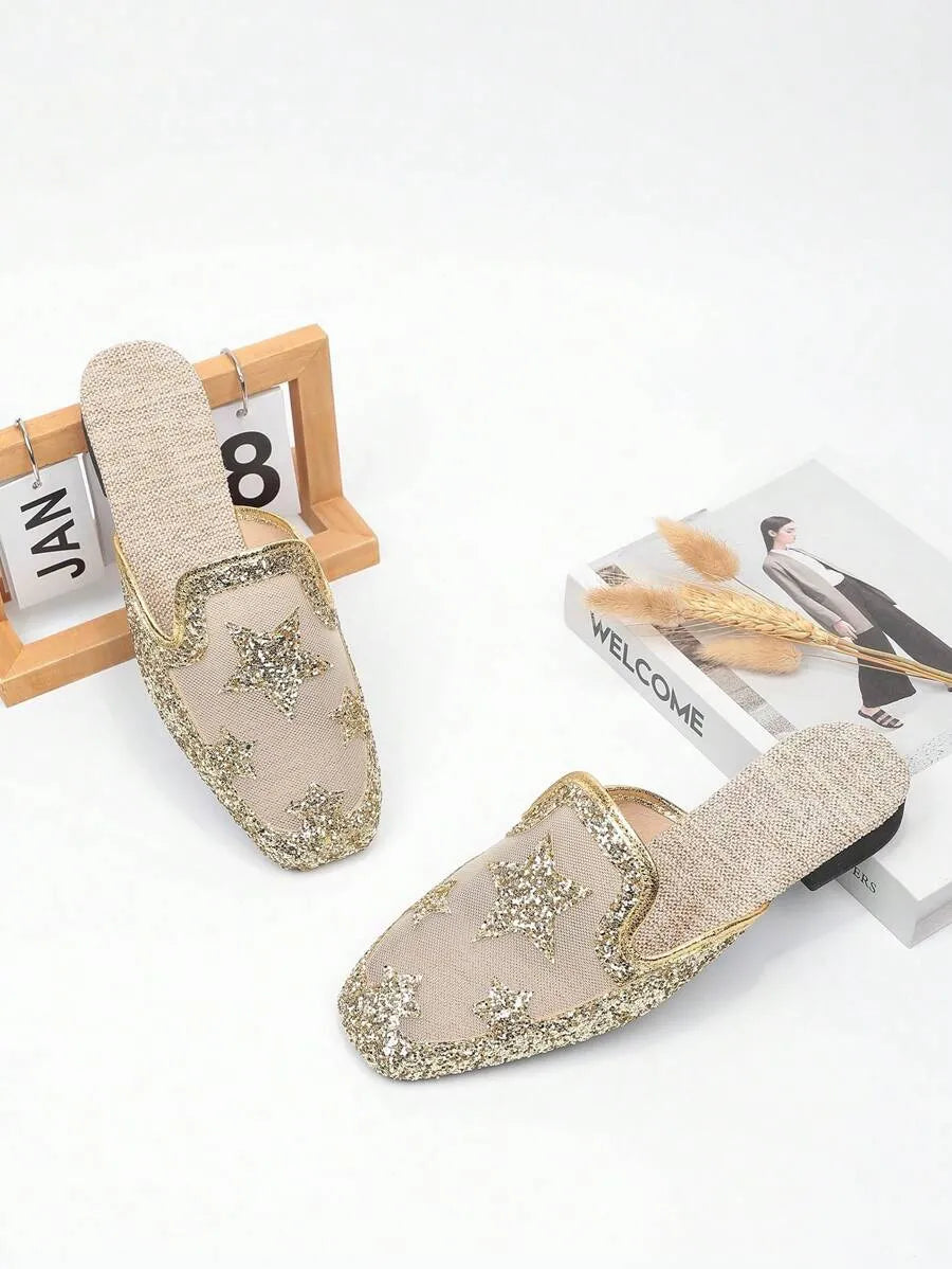 Star Accent Square Toe Slip-On Flats, Breathable Mesh Closed Toe Sandals for Women, Perfect with Dresses